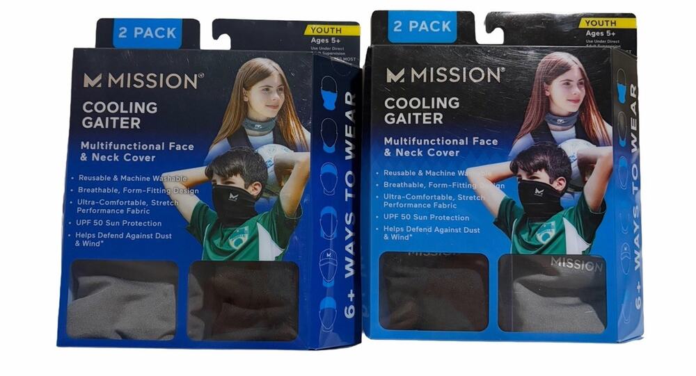 Mission Cooling Gaiter Face Neck Cover Youth Ages 5+ 2 Pack Black Gray Lot of 2